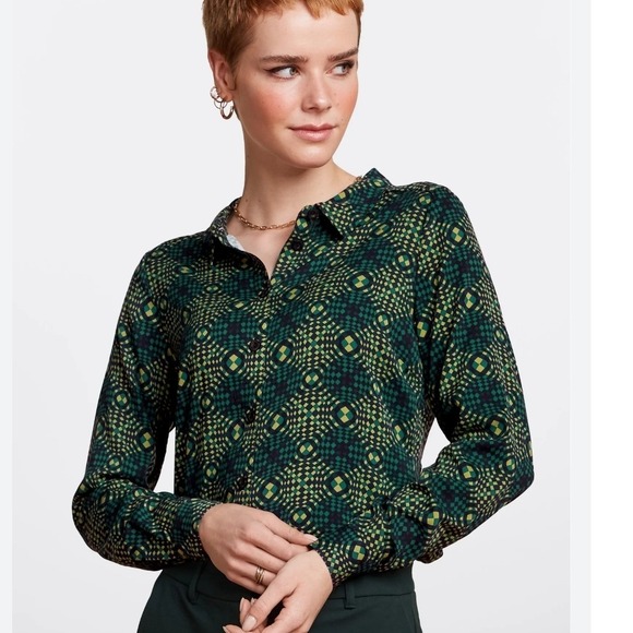 King Louie Tops - King Louie Green Geometric‎ Optical Print Ecovero Viscose Blouse Size 40 Womens
